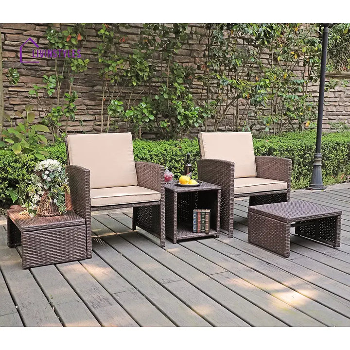 Calabresi Outdoor Sofa Set 2 Single seater 2 Ottoman and 1 Center Table (Brown + Beige) - Outdoor Furniture Sets