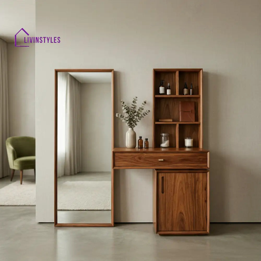 Caleb Sheesham Wood Dressing Table with Mirror and Storage (Honey Finish)