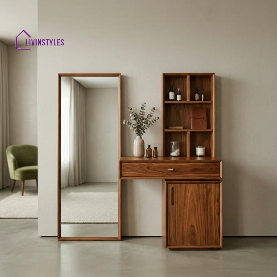 Caleb Sheesham Wood Dressing Table with Mirror and Storage (Honey Finish)