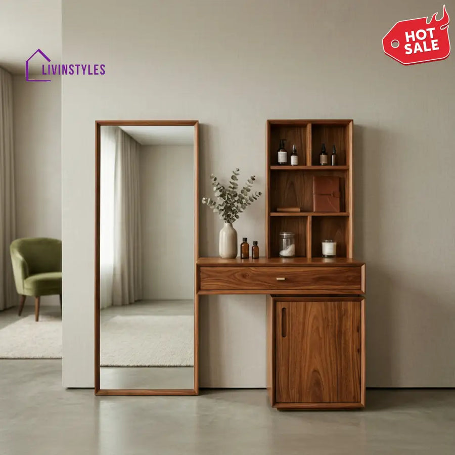 Caleb Sheesham Wood Dressing Table with Mirror and Storage (Honey Finish)