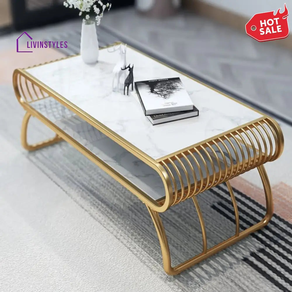 Calista White Marble Coffee Table With Shelf - Stainless Steel Pvd Coated Tables