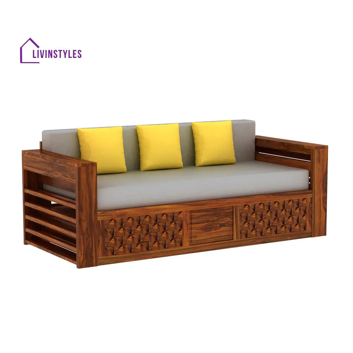 Callie Solid Sheesham Wood 3 Seater Sofa Cum Bed with Mini Storage and Side Pockets Sofa Cum Bed