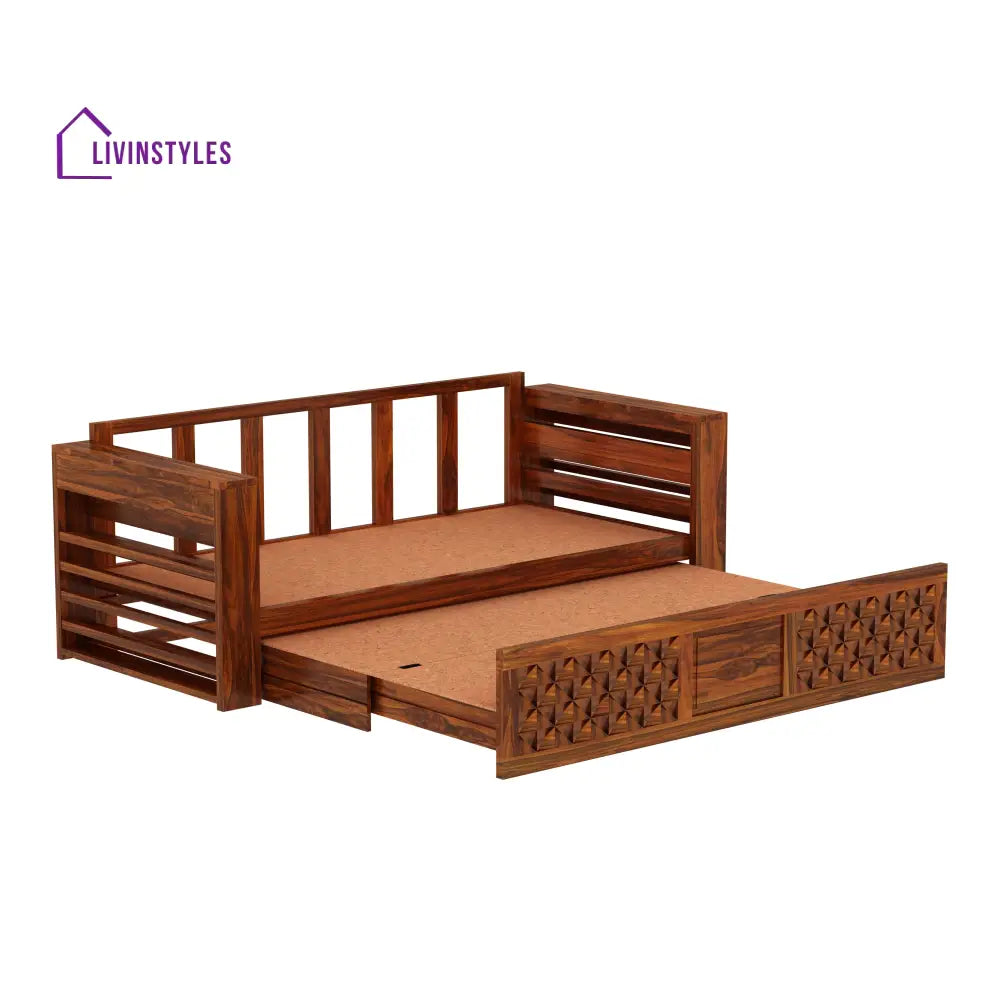 Callie Solid Sheesham Wood 3 Seater Sofa Cum Bed with Mini Storage and Side Pockets Sofa Cum Bed