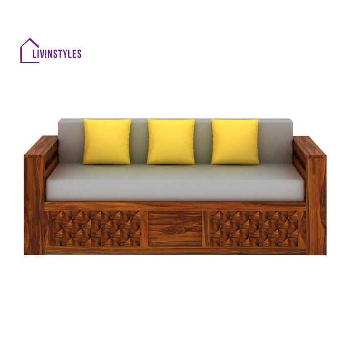 Callie Solid Sheesham Wood 3 Seater Sofa Cum Bed with Mini Storage and Side Pockets Sofa Cum Bed