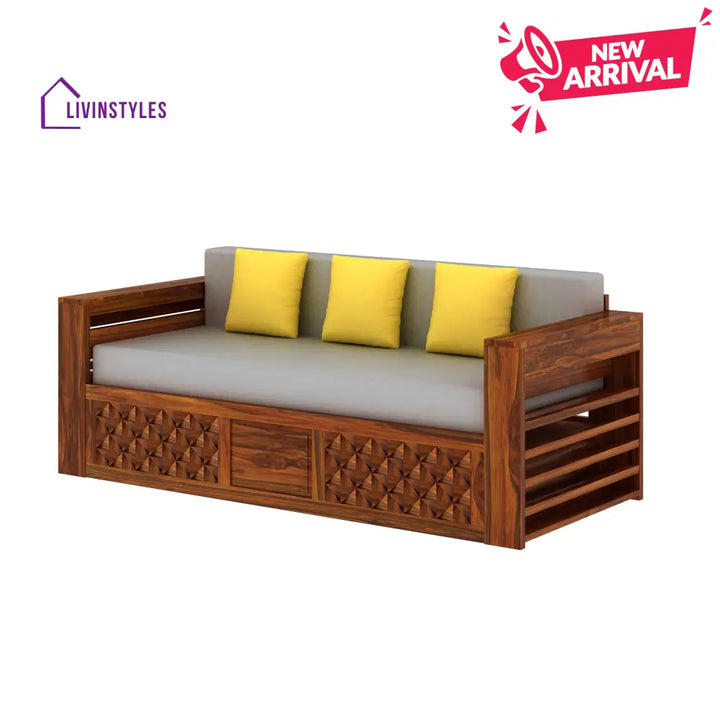 Callie Solid Sheesham Wood 3 Seater Sofa Cum Bed with Mini Storage and Side Pockets Sofa Cum Bed