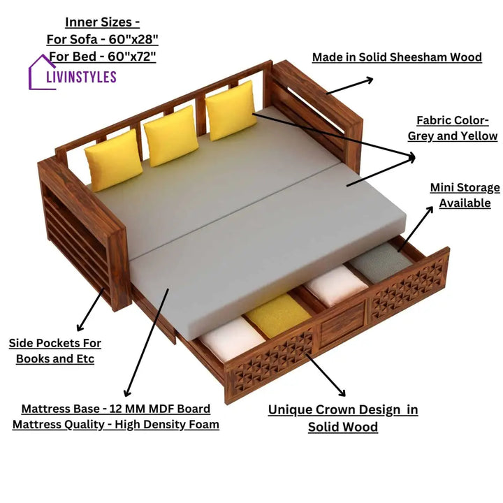 Callie Solid Sheesham Wood 3 Seater Sofa Cum Bed with Mini Storage and Side Pockets Sofa Cum Bed