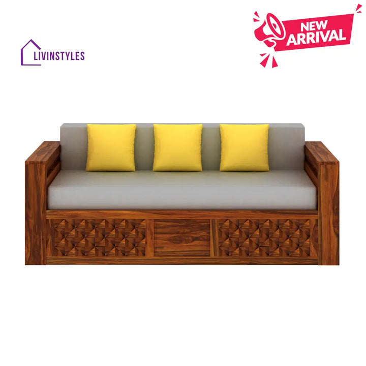 Callie Solid Sheesham Wood 3 Seater Sofa Cum Bed with Mini Storage and Side Pockets Sofa Cum Bed