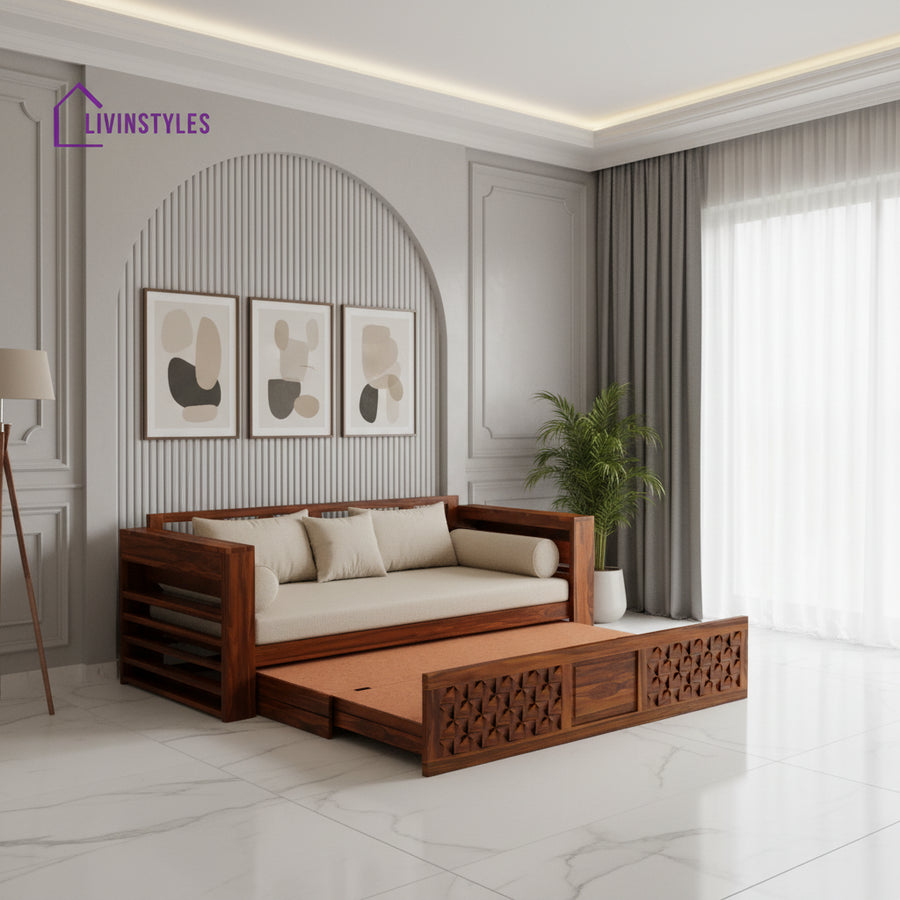 Callie Solid Sheesham Wood 3 Seater Sofa Cum Bed with Mini Storage and Side Pockets Sofa Cum Bed