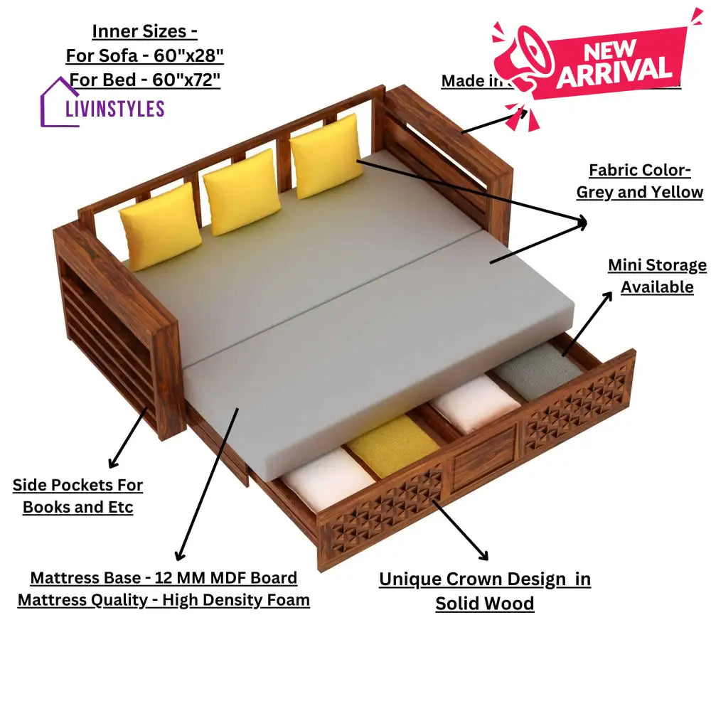 Callie Solid Sheesham Wood 3 Seater Sofa Cum Bed with Mini Storage and Side Pockets Sofa Cum Bed