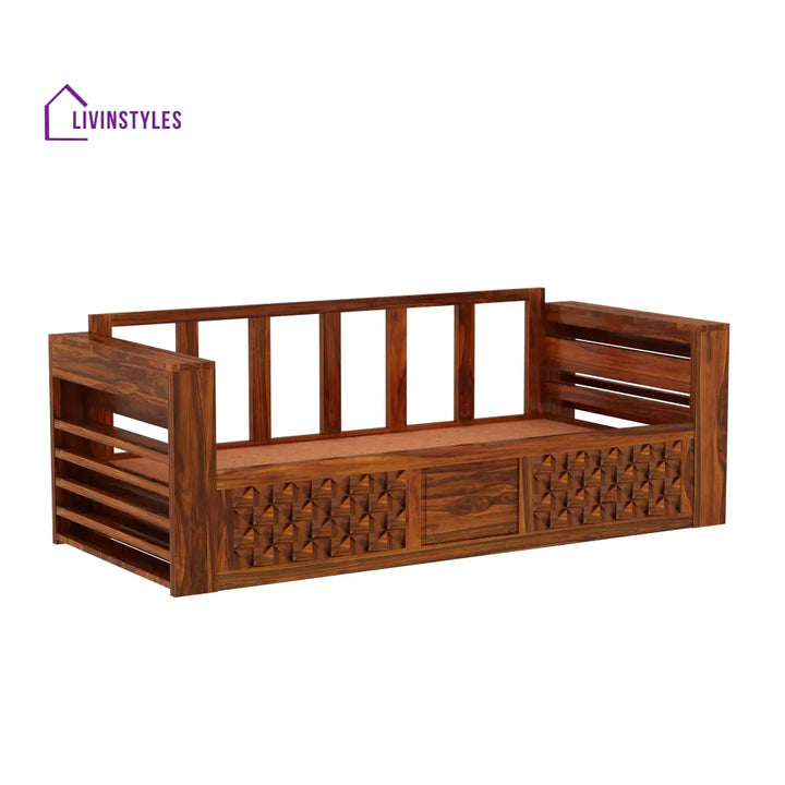 Callie Solid Sheesham Wood 3 Seater Sofa Cum Bed with Mini Storage and Side Pockets Sofa Cum Bed