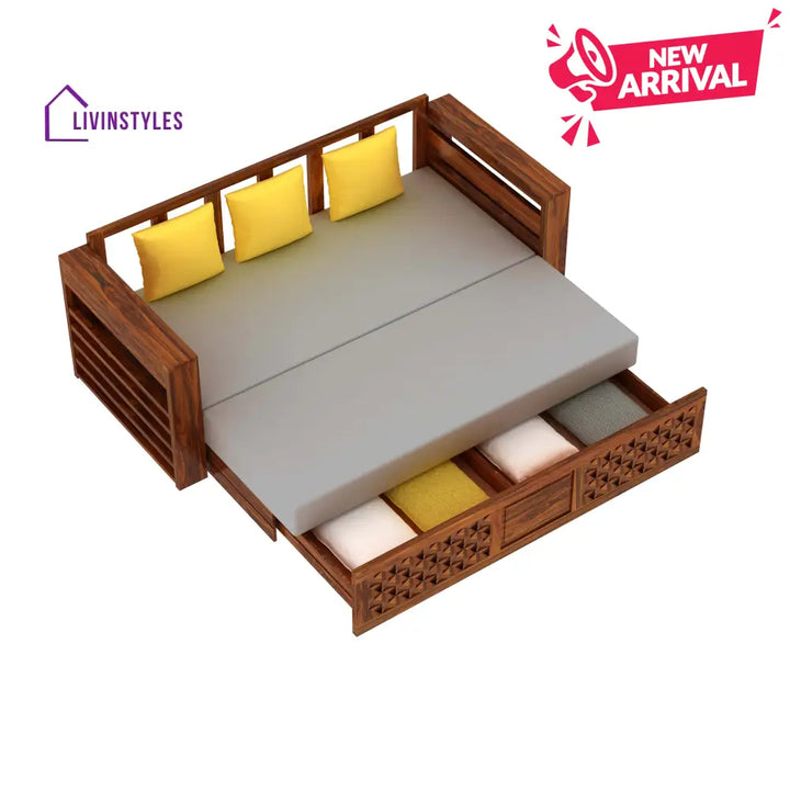 Callie Solid Sheesham Wood 3 Seater Sofa Cum Bed with Mini Storage and Side Pockets Sofa Cum Bed