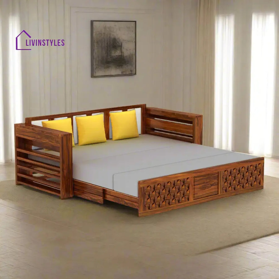 Callie Solid Sheesham Wood 3 Seater Sofa Cum Bed with Mini Storage and Side Pockets Sofa Cum Bed