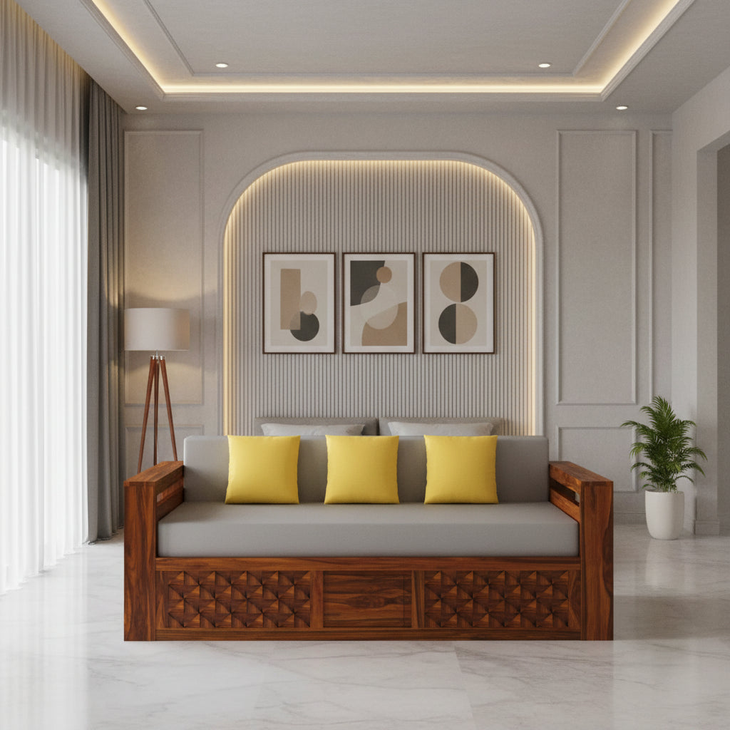 Callie Solid Sheesham Wood 3 Seater Sofa Cum Bed with Mini Storage and Side Pockets Sofa Cum Bed
