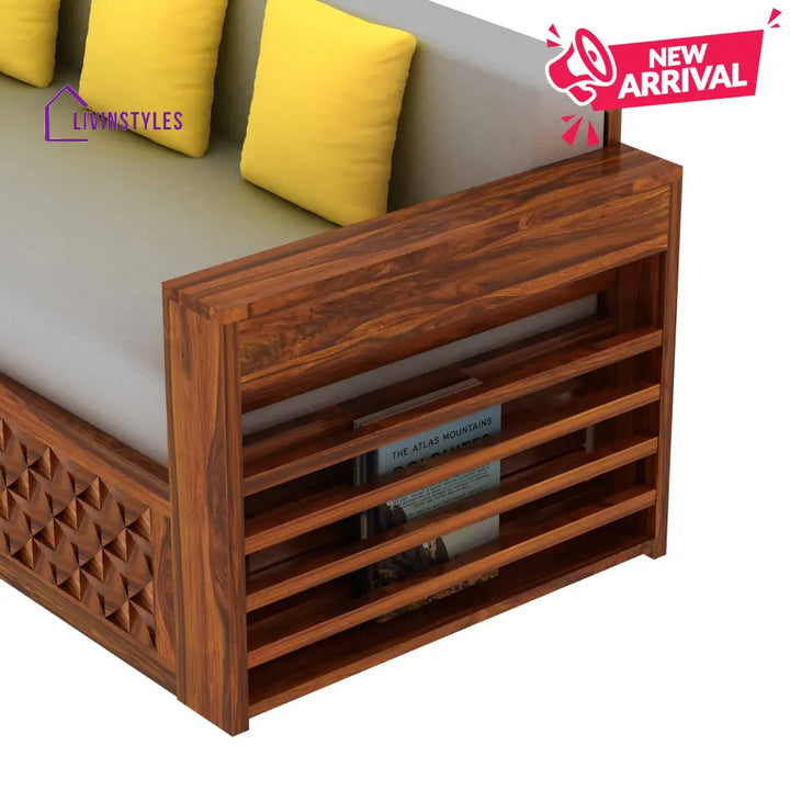 Callie Solid Sheesham Wood 3 Seater Sofa Cum Bed with Mini Storage and Side Pockets Sofa Cum Bed