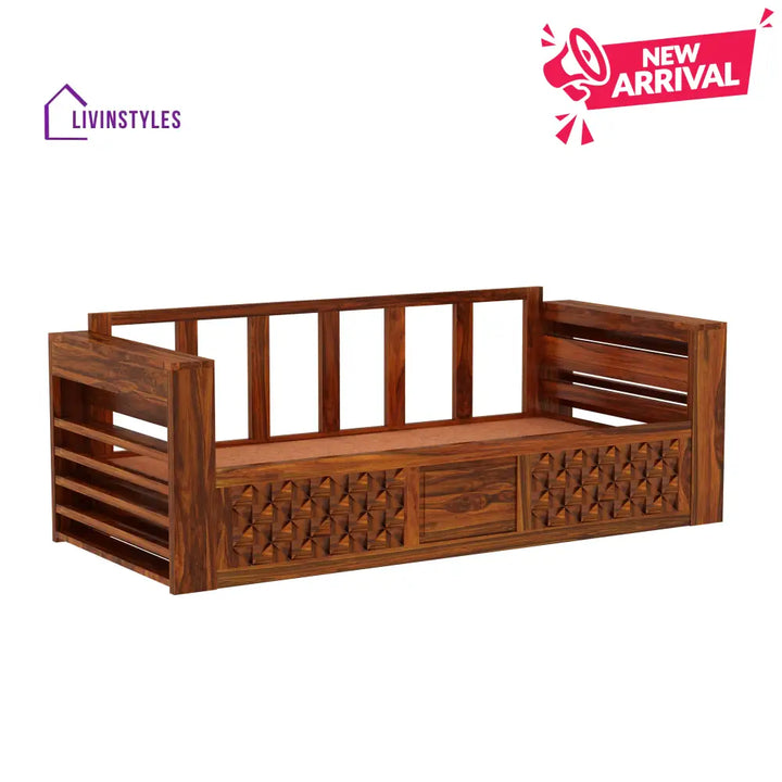 Callie Solid Sheesham Wood 3 Seater Sofa Cum Bed with Mini Storage and Side Pockets Sofa Cum Bed