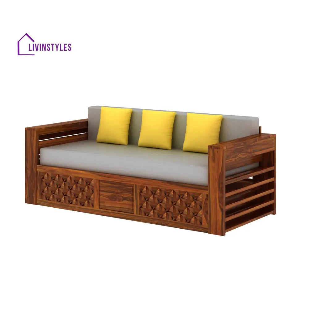Callie Solid Sheesham Wood 3 Seater Sofa Cum Bed with Mini Storage and Side Pockets Sofa Cum Bed