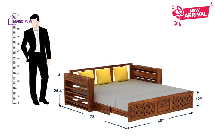 Callie Solid Sheesham Wood 3 Seater Sofa Cum Bed with Mini Storage and Side Pockets Sofa Cum Bed