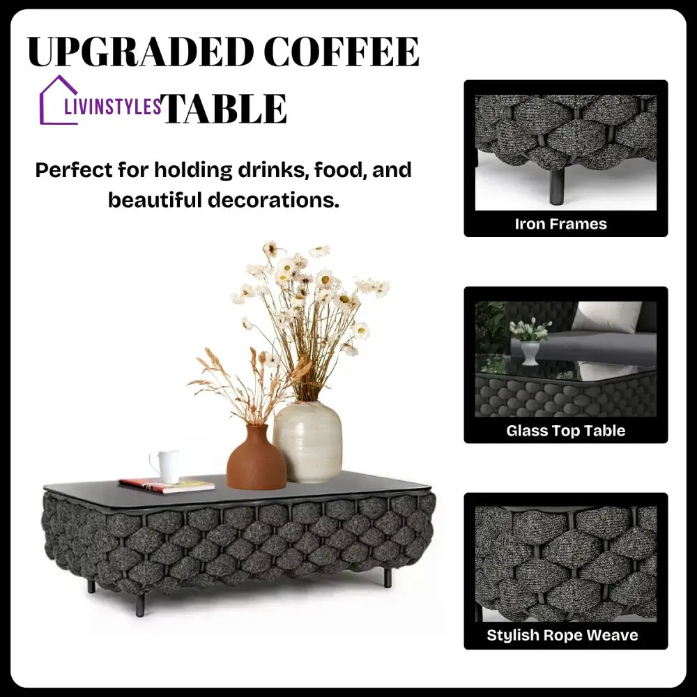 Camila 4 Piece Outdoor Rope Sofa Set with Glass Top Coffee Table (Black) - Sofa Set