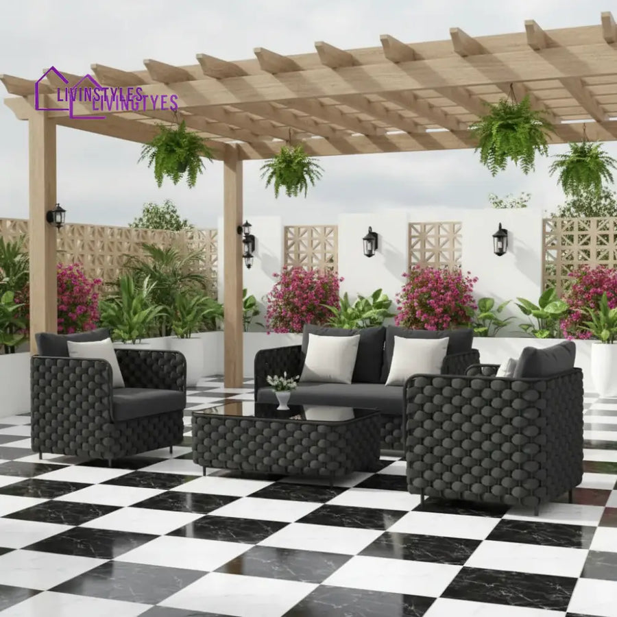 Camila 4 Piece Outdoor Rope Sofa Set with Glass Top Coffee Table (Black) - Sofa Set