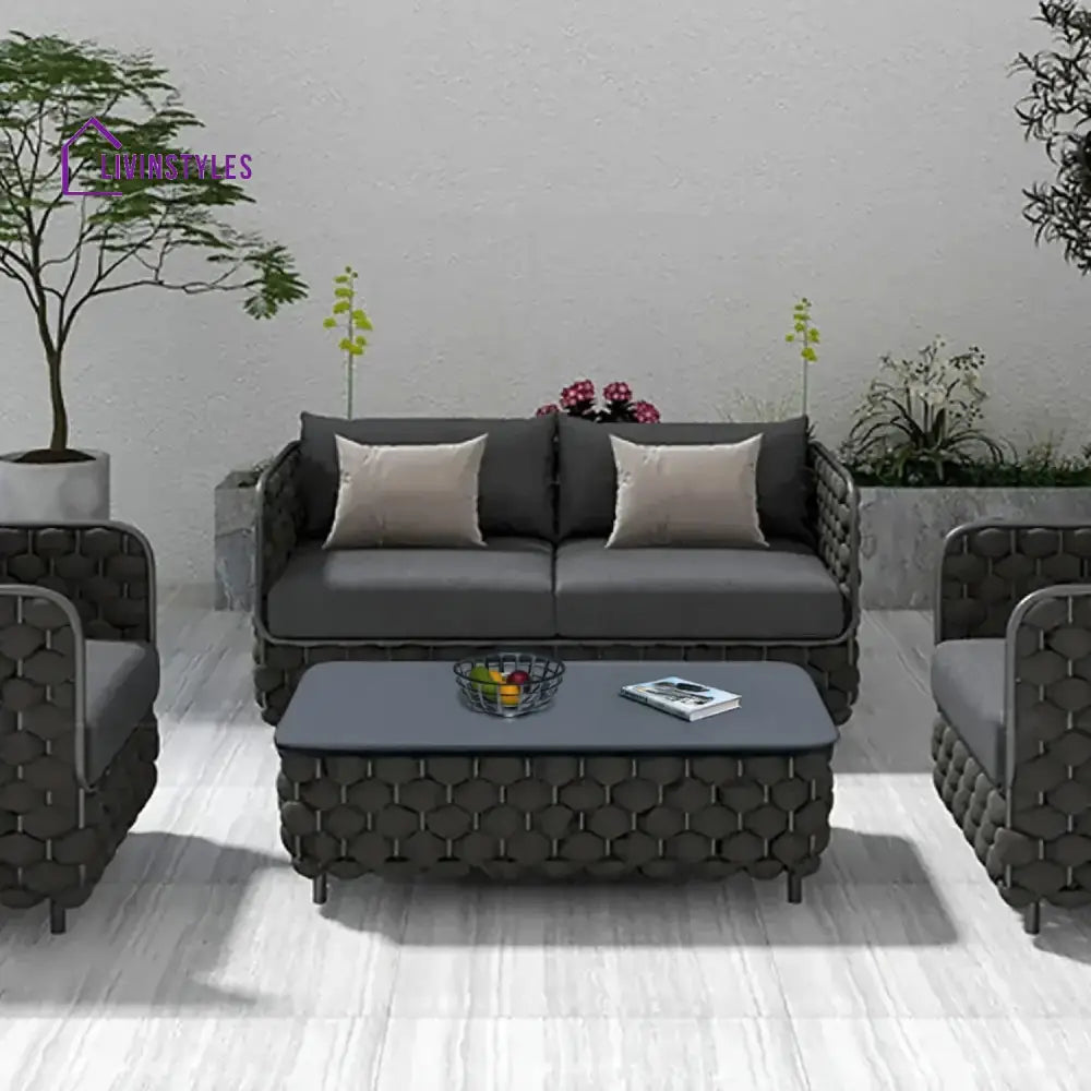 Camila 4 Piece Outdoor Rope Sofa Set with Glass Top Coffee Table (Black) - Sofa Set