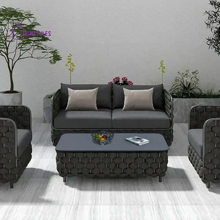 Camila 4 Piece Outdoor Rope Sofa Set with Glass Top Coffee Table (Black) - Sofa Set