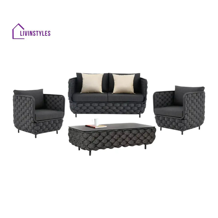 Camila 4 Piece Outdoor Rope Sofa Set with Glass Top Coffee Table (Black) - Sofa Set