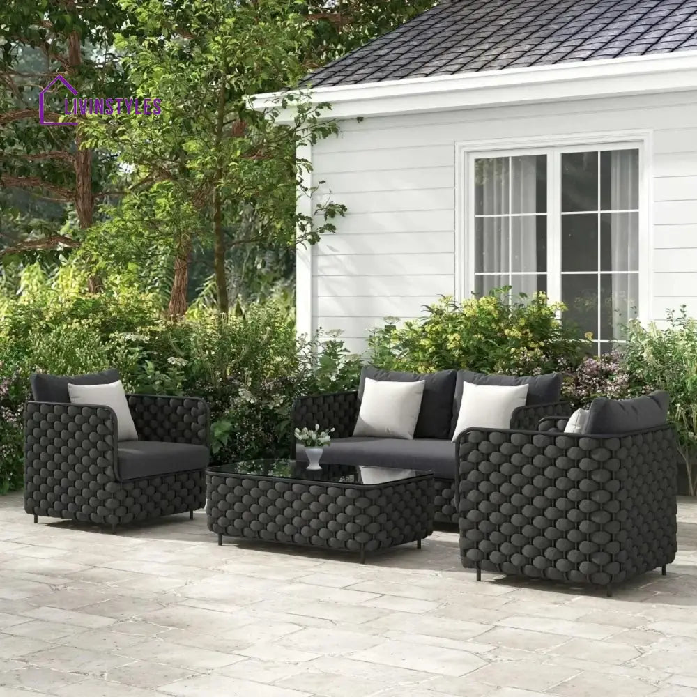 Camila 4 Piece Outdoor Rope Sofa Set with Glass Top Coffee Table (Black) - Sofa Set