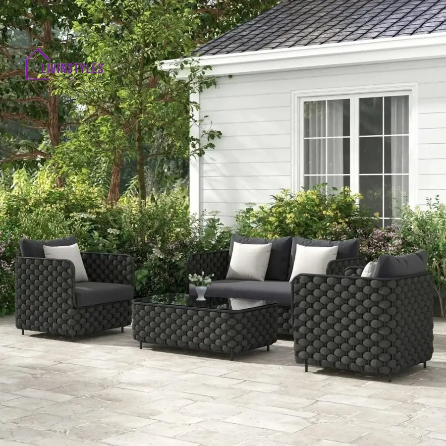 Camila 4 Piece Outdoor Rope Sofa Set with Glass Top Coffee Table (Black) - Sofa Set