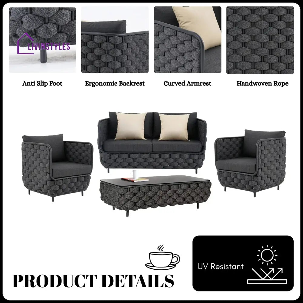 Camila 4 Piece Outdoor Rope Sofa Set with Glass Top Coffee Table (Black) - Sofa Set