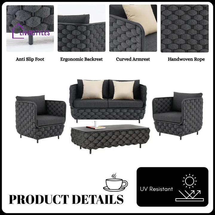 Camila 4 Piece Outdoor Rope Sofa Set with Glass Top Coffee Table (Black) - Sofa Set