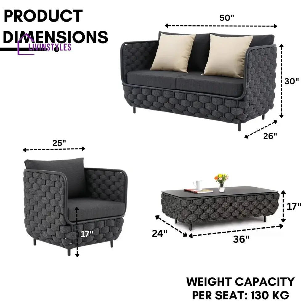 Camila 4 Piece Outdoor Rope Sofa Set with Glass Top Coffee Table (Black) - Sofa Set