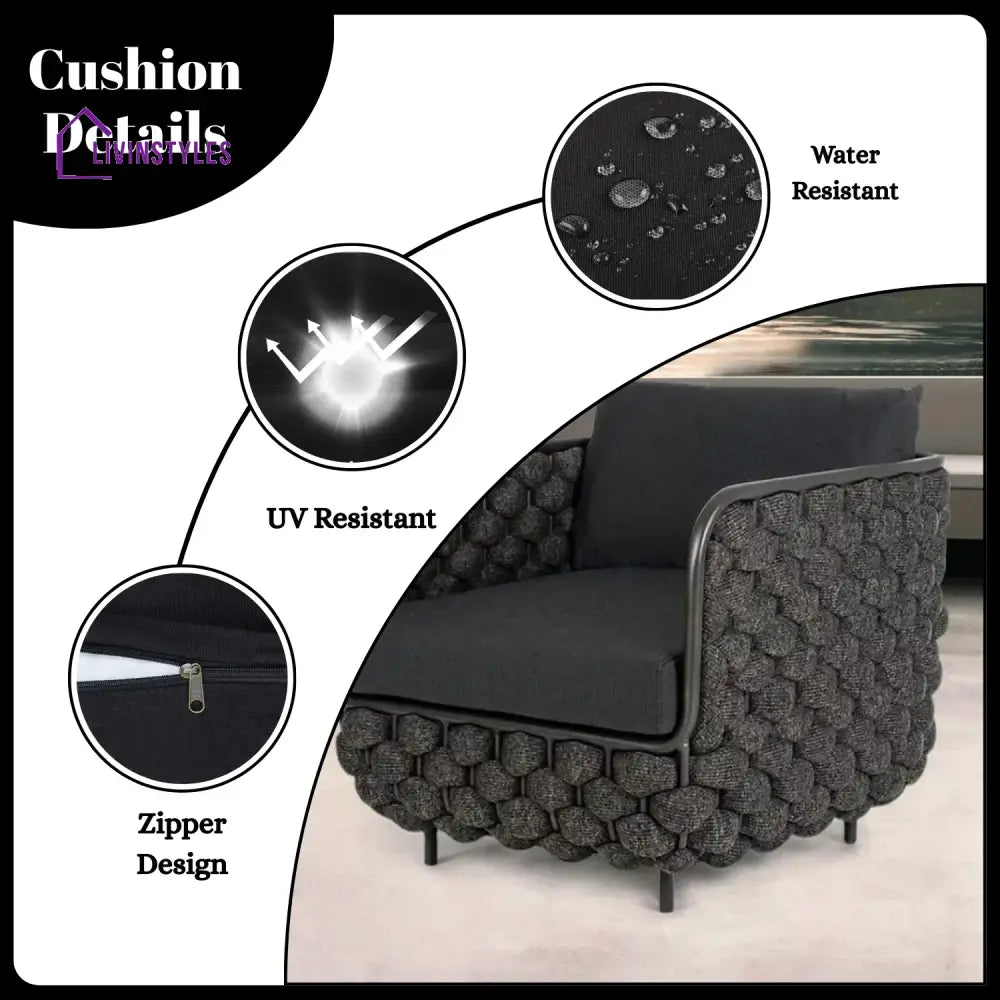 Camila 4 Piece Outdoor Rope Sofa Set with Glass Top Coffee Table (Black) - Sofa Set