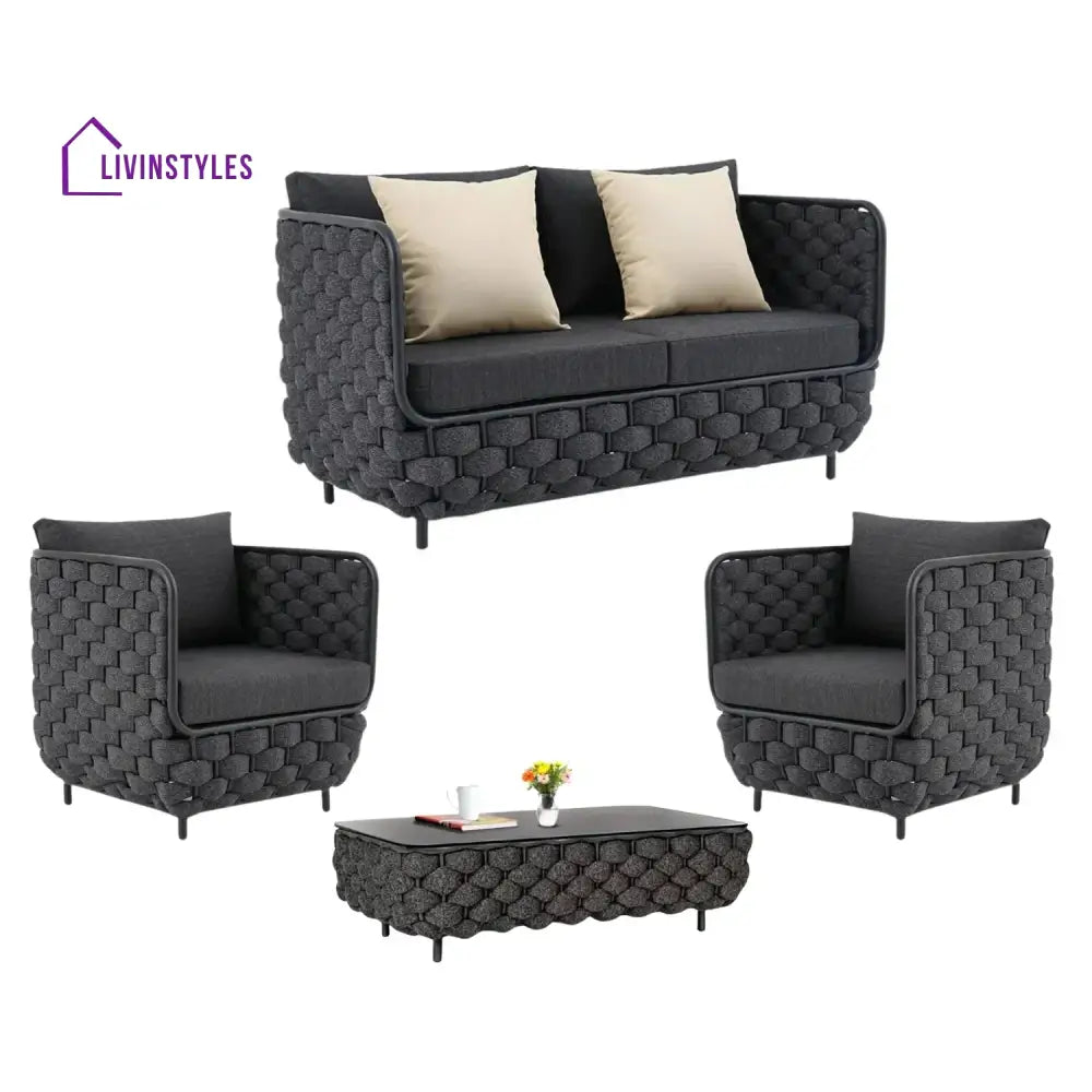 Camila 4 Piece Outdoor Rope Sofa Set with Glass Top Coffee Table (Black) - Sofa Set