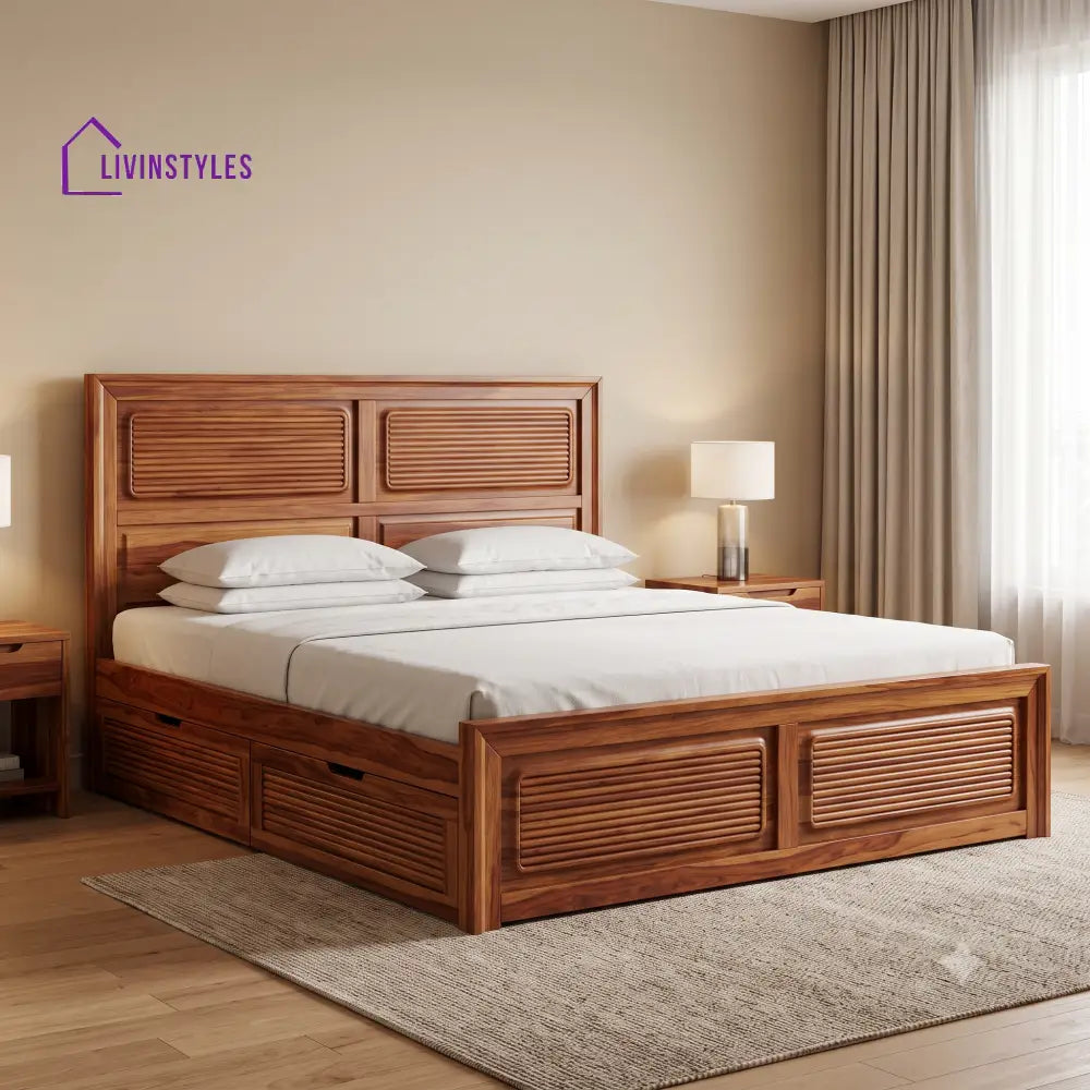 Camille Premium Wooden Bed with Drawer Storage | King Size Bed & Queen Size Bed Online