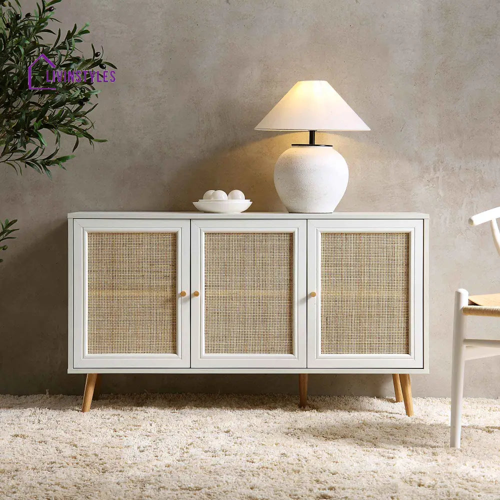 Frances Woven Rattan 3-Door Sideboard White Cabinets & Chests