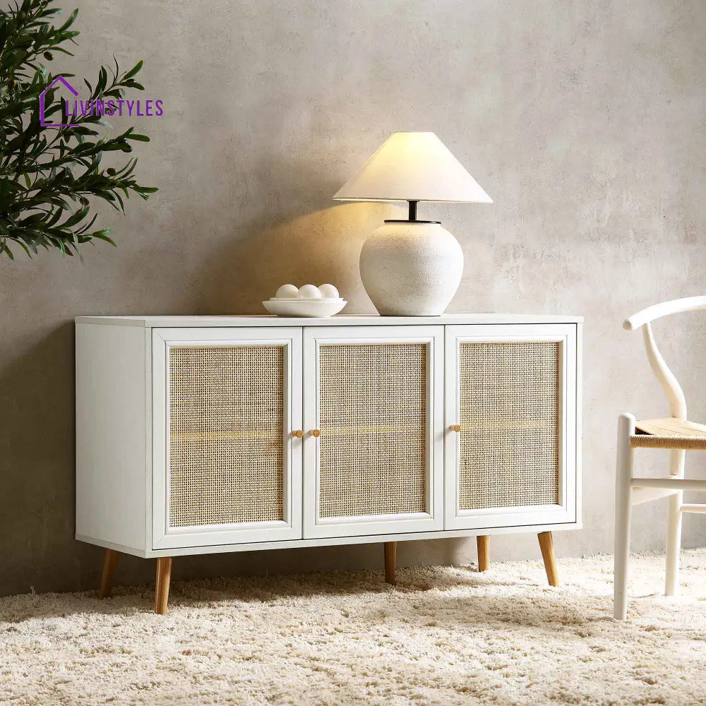 Frances Woven Rattan 3-Door Sideboard White Cabinets & Chests