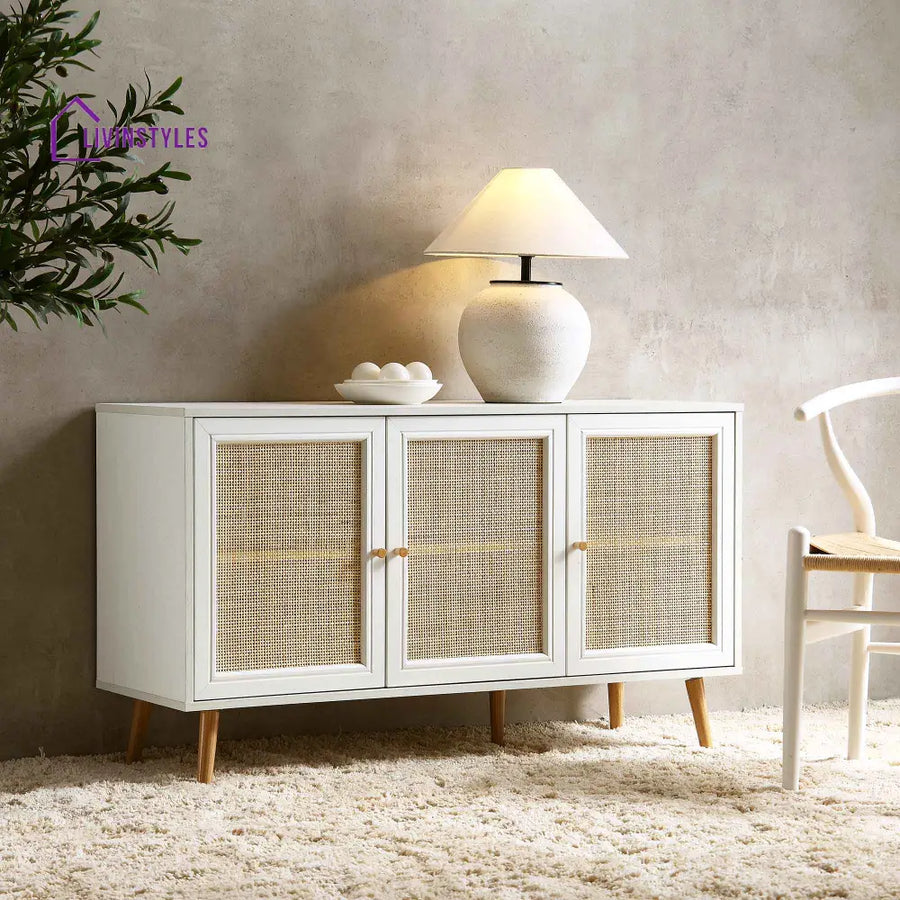 Frances Woven Rattan 3-Door Sideboard White Cabinets & Chests
