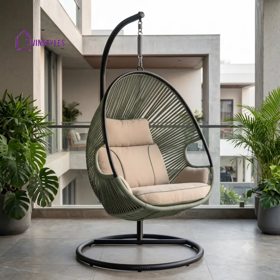 Candice Metal Frame Swing Chair With Stand And Woven Rope Seating