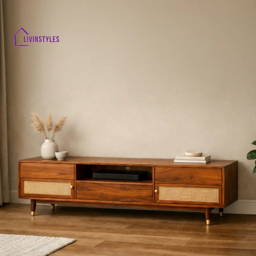 Canvea Premium Solid Wood TV Unit with Cane Panel Cabinet
