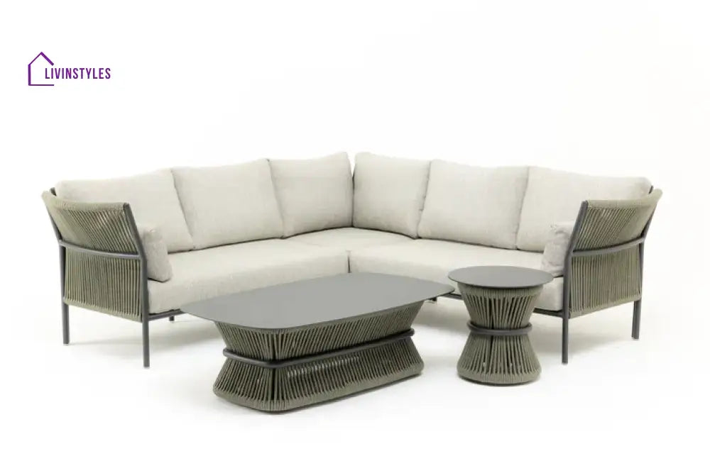 Capuano Outdoor Sofa Set 6 Seater 1 Center Table and 1 Side Table Set (Khaki) Braided & Rope - Sofa Sets
