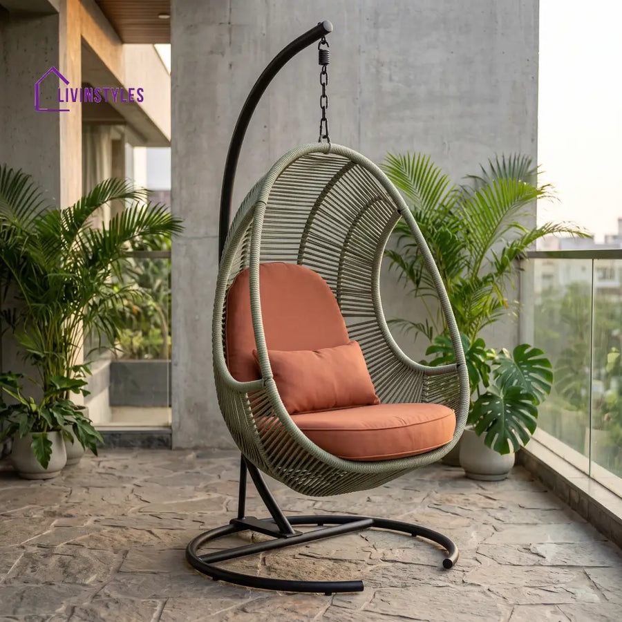 Carine Metal Frame Swing Chair with Stand and Rope Woven Seating