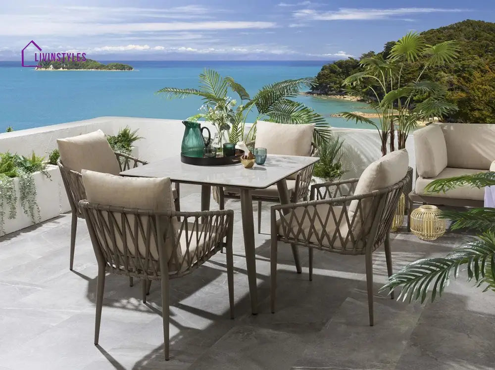 Carlos Outdoor Garden Patio Dining Set 4 Chairs and 1 Table Set Braided & Rope - Beige - Coffee Table Sets