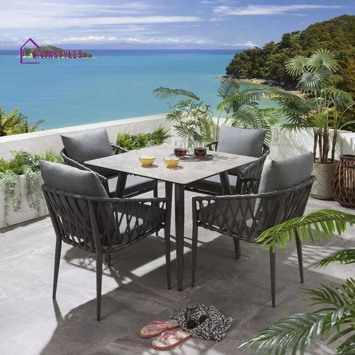 Carlos Outdoor Garden Patio Dining Set 4 Chairs and 1 Table Set Braided & Rope - Grey - Coffee Table Sets