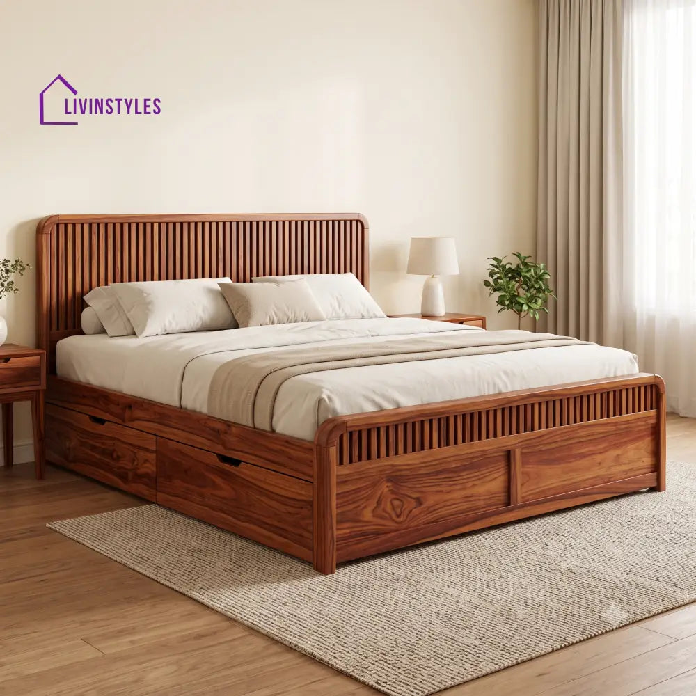 Caroline Premium Wooden Bed with Drawer Storage | King Size Bed & Queen Size Bed Online
