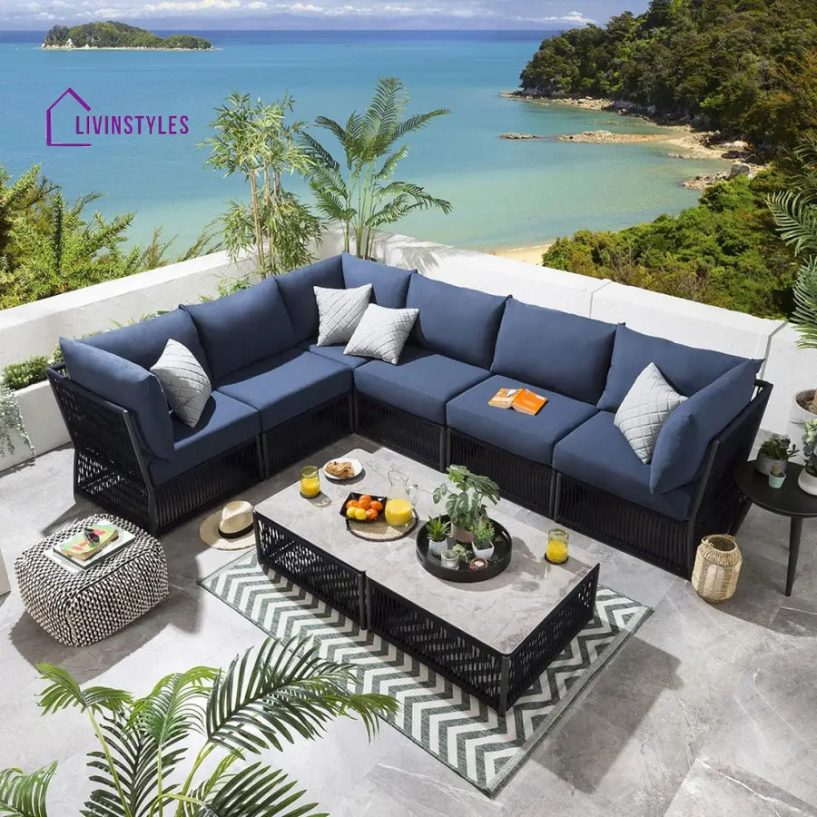 Carreon Outdoor Sofa Set 6 Seater and 2 Center Table Set (Blue) Braided & Rope - Sofa Sets