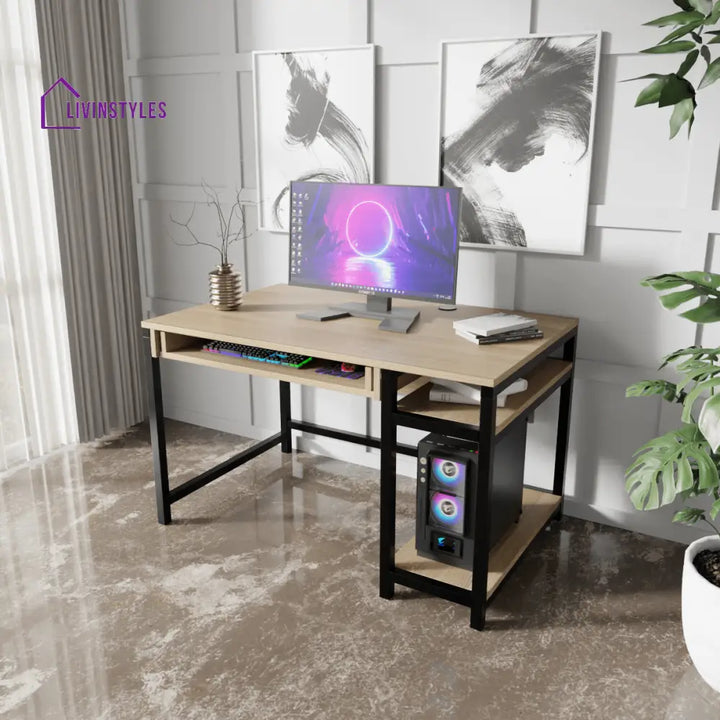 Carter Computer Table With Open Storage | Computer Table | Study Table for Home - Beige / With Keyboard Tray - Art &