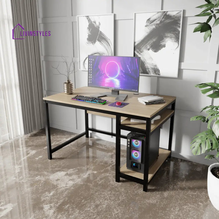 Carter Computer Table With Open Storage | Computer Table | Study Table for Home - Beige / Without Keyboard Tray - Art &