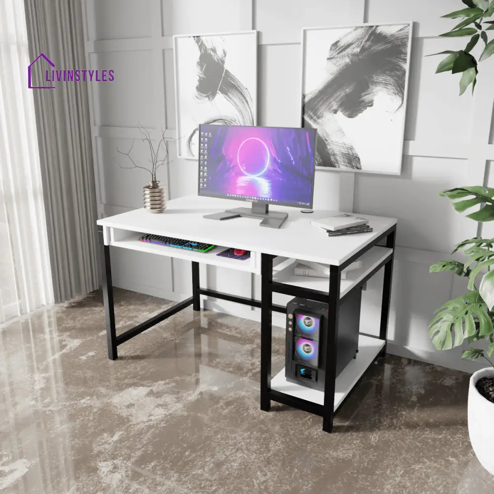 Carter Computer Table With Open Storage | Computer Table | Study Table for Home - White / With Keyboard Tray - Art &