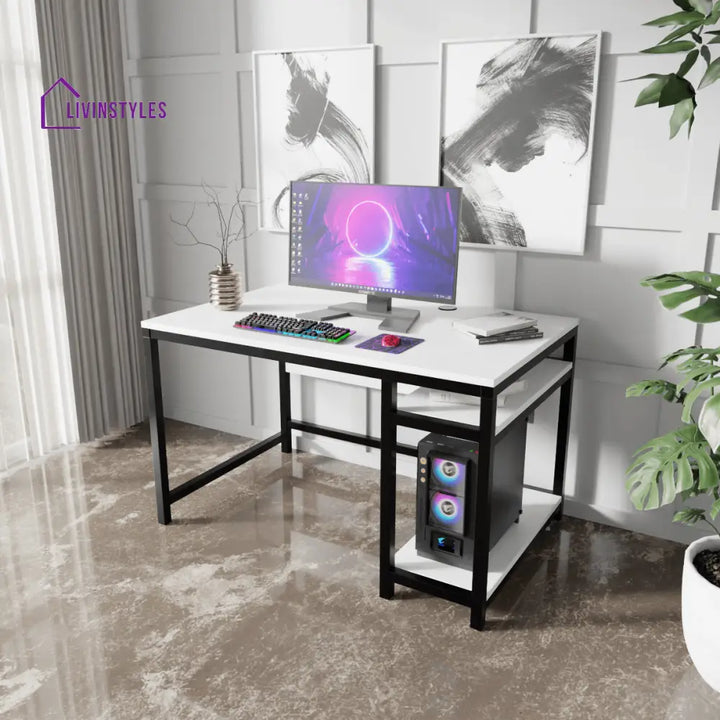 Carter Computer Table With Open Storage | Computer Table | Study Table for Home - White / Without Keyboard Tray - Art &