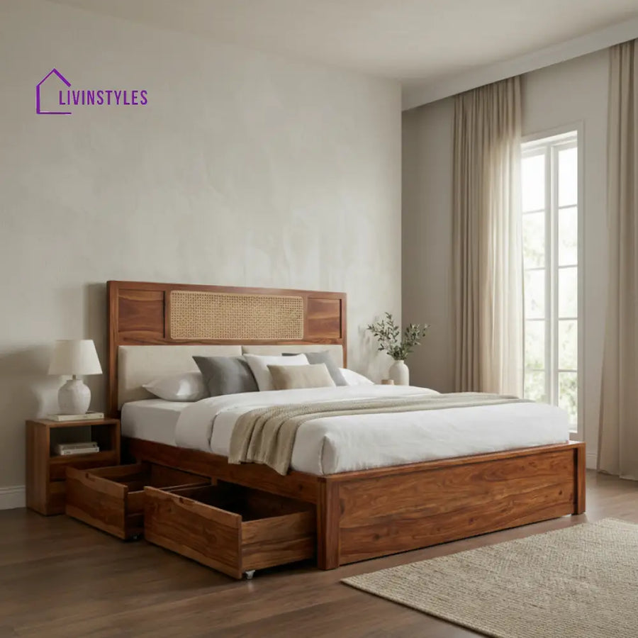 Carter Premium Sheesham Wood Bed with Cane and Fabric Headboard